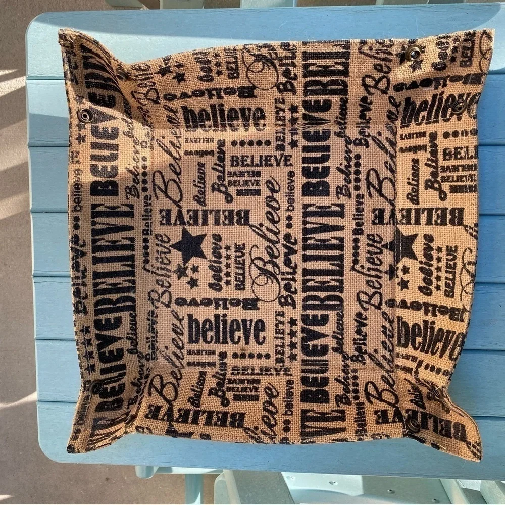 Burlap ‘Believe’ Basket. 10” square. Cute corners with snaps. Many uses 3” tall